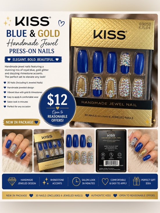 Kiss Other - KISS Blue and Gold Handmade Jewel Press-On Nails